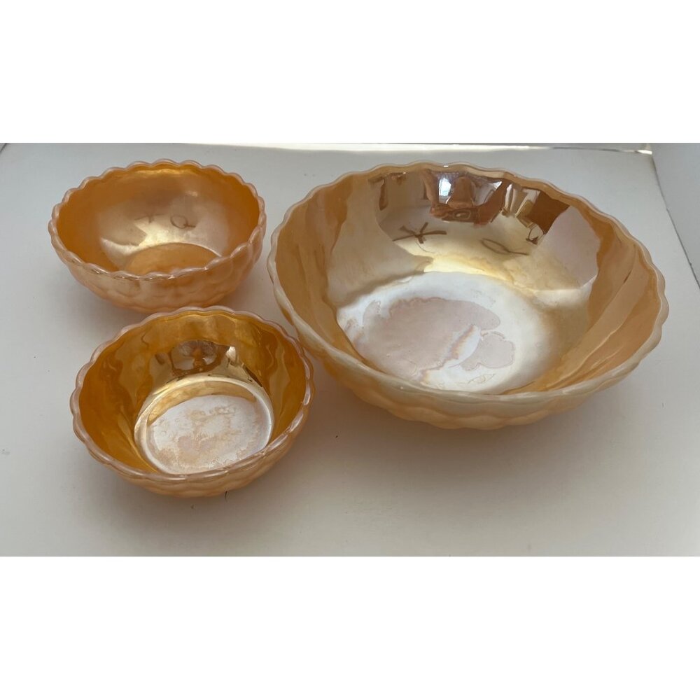 FireKing Peach Luster Bubble Pattern Serving Bowls Set of 3